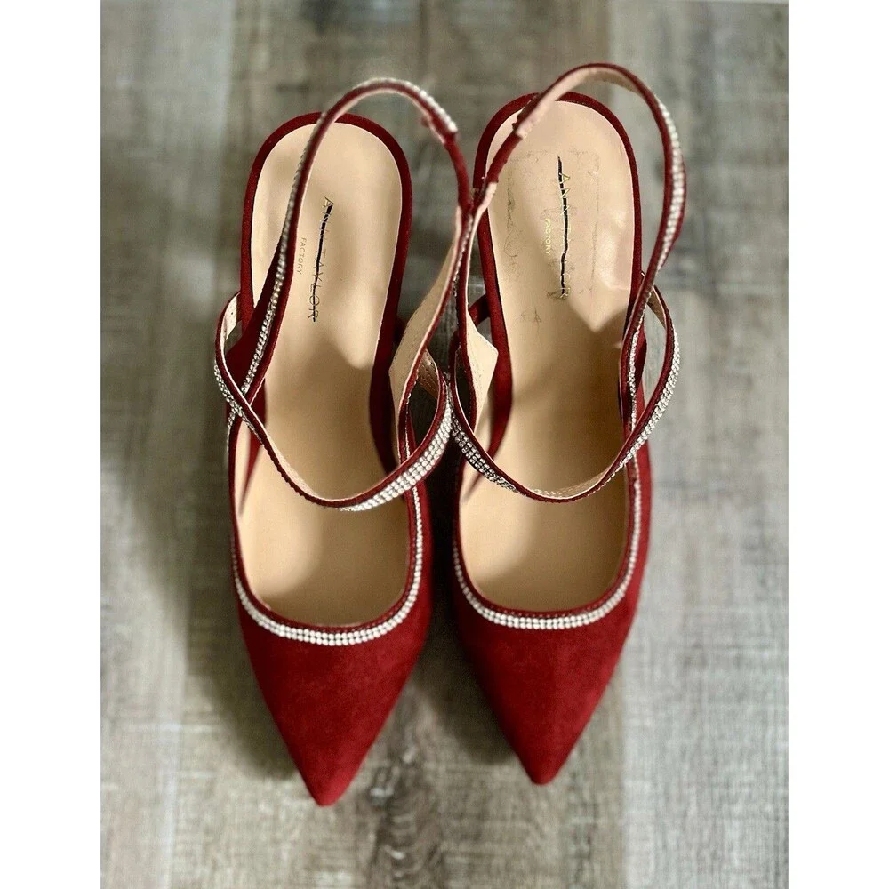 Ann Taylor Red Sling Back Pointy Toe Suede Glitsy Heels Sz 7.5M Runs Small - Picture 3 of 10